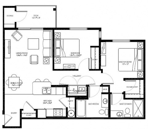 Floor plan for 2 beds, 2 baths, 1154 sqft